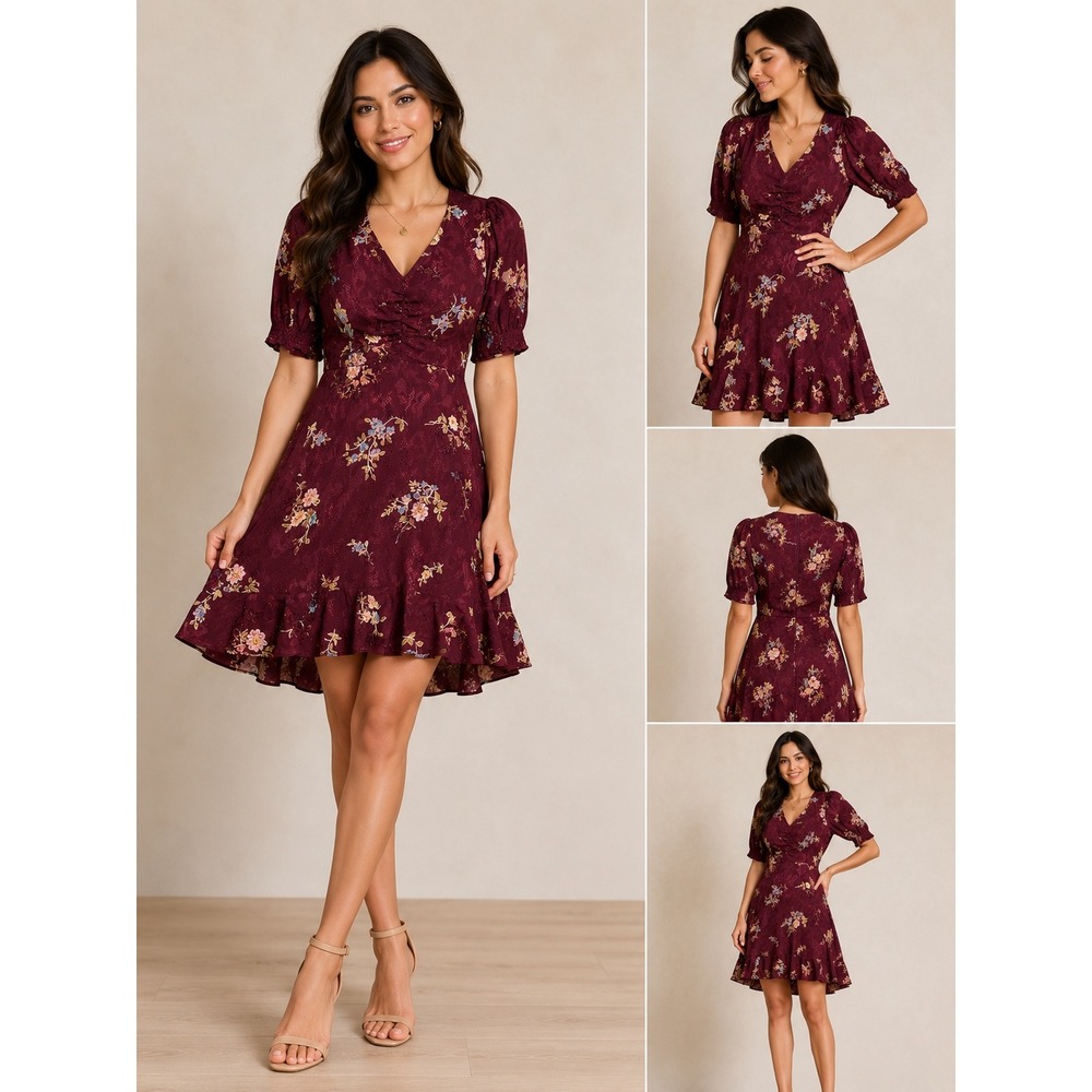 Maeve Anthropologie Burgundy Floral Jacquard Ruffle Hem Mini Dress Size 10